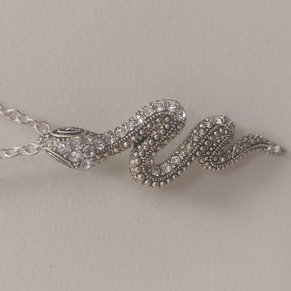 Silvertone Clear Rhinestone Snake Pendant Long Necklace - Picture 16 of 17